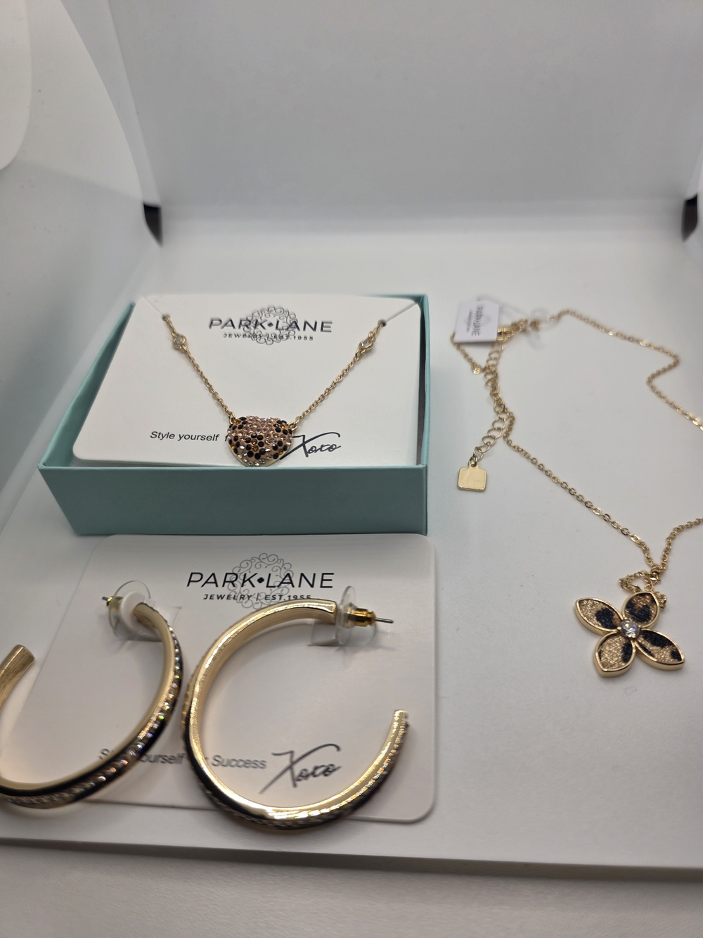 Park Lane Gold-Tone Leopard Heart & Floral Necklace Set with Hoop Earrings